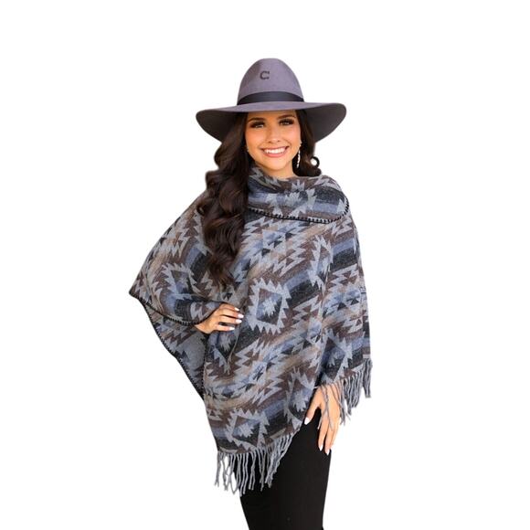 Aztec Print Poncho Fringe Tassel Gray Brown Blue Black OSFM - Picture 5 of 5